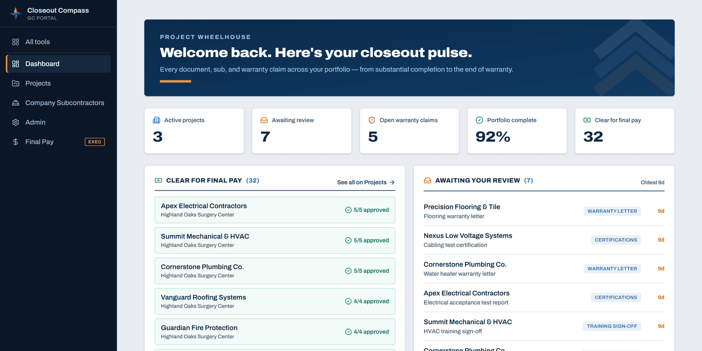 Closeout Compass GC dashboard — portfolio closeout progress, review queue, and open warranty claims
